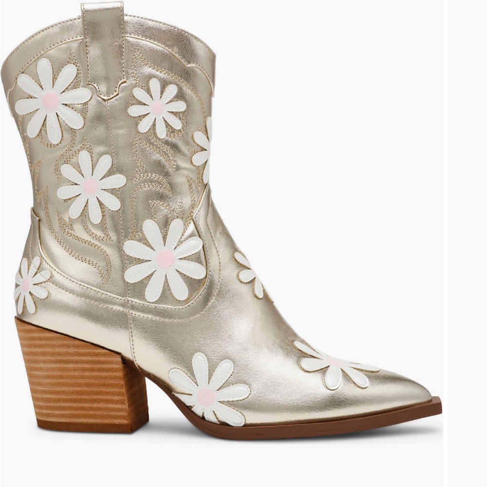 Betsey Johnson Women’s Teddy Gold Heeled Boots with Floral Design - Picture 12 of 13